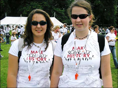 Birmingham girls wearing their Make Poverty History message T-shirts in Scotland