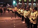 Police lineup greets protesters coming off Westminster Bridge