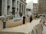 police barriers transformed into a symbolic military trench