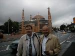 Paul with George Galloway, Leicester's Masjid Umar mosque in the background.