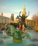 Fountains provide cool grandstand seating for the rally