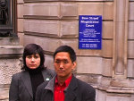 Milan Rai and Maya Evans outside court