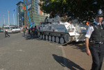 The tank parked at the western entrance to ExCeL