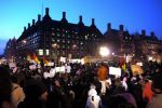 As darkness falls, the crowd hold the bridge, 5pm