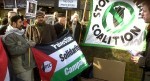 Protestors outside the court yesterday