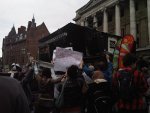 The protest continues. The front of the placards read FREE GAZA