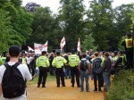 My first glimpse of the EDL rally on Queen's Green, behind Queens College.