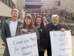 Maya (second from right) with supporters outside Hastings Magistrates Court