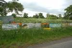 Banners along the road; organic field behind