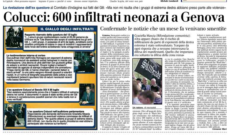 Frontpage and article on Nazi infiltrators (Il Secolo XIX) (Italian)