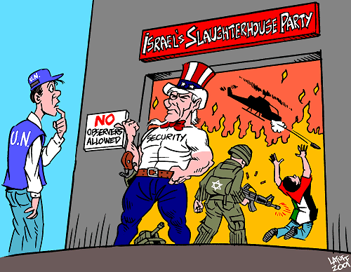 Israel's Slaughterhouse Party: United Nations not invited (cartoon by Latuff)