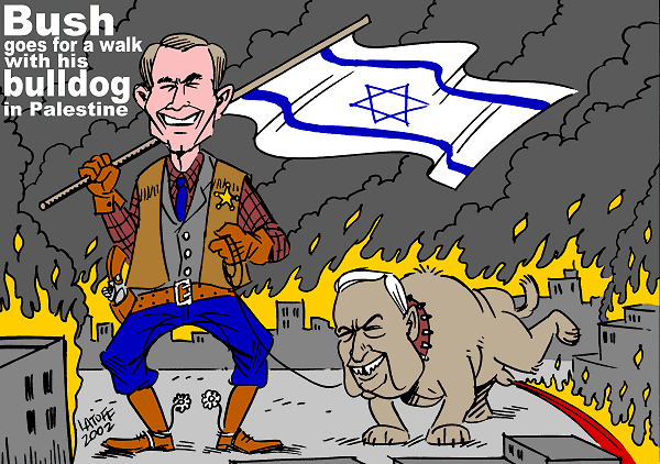 George Bush and his bulldog in Palestine (by Latuff)