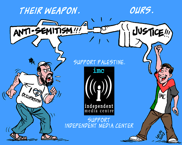 All support to Palestine and IMC (cartoon by Latuff)