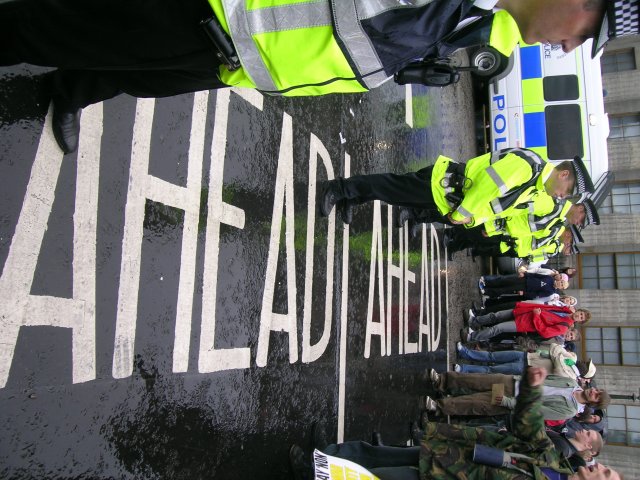 trouble ahead...police halt the march