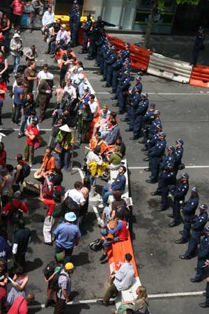 The police barricade on Russell Street from above