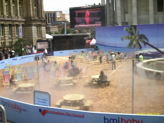Bmibaby 'beach' in Chamberlain Sq. with a stage for lunchtime concerts