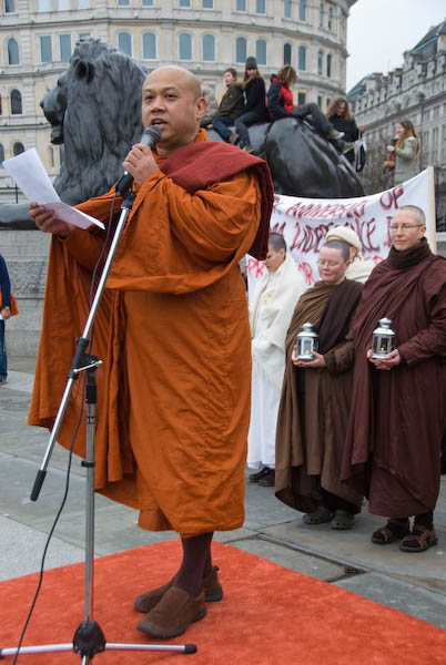 Monk speaking at Trafalgar Square