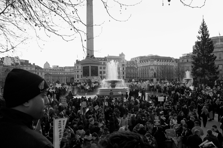 The crowd in Trafalgar Square listening to speeches. 2009