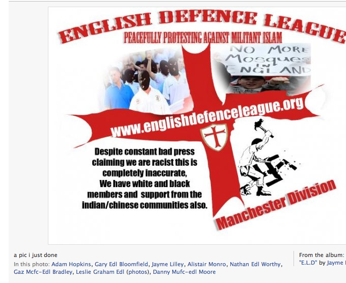 EDL with anti-racist plea and anti-fascist symbol...but see our lads name?