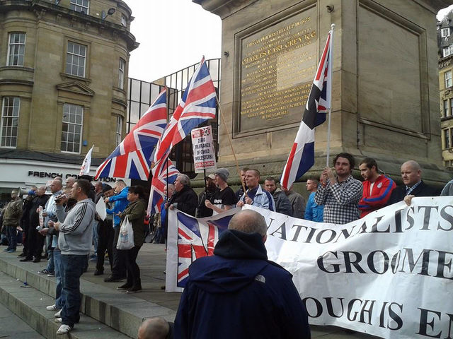 Anthony Hansen at NF demo in Newcastle in red jumper with blue stripes